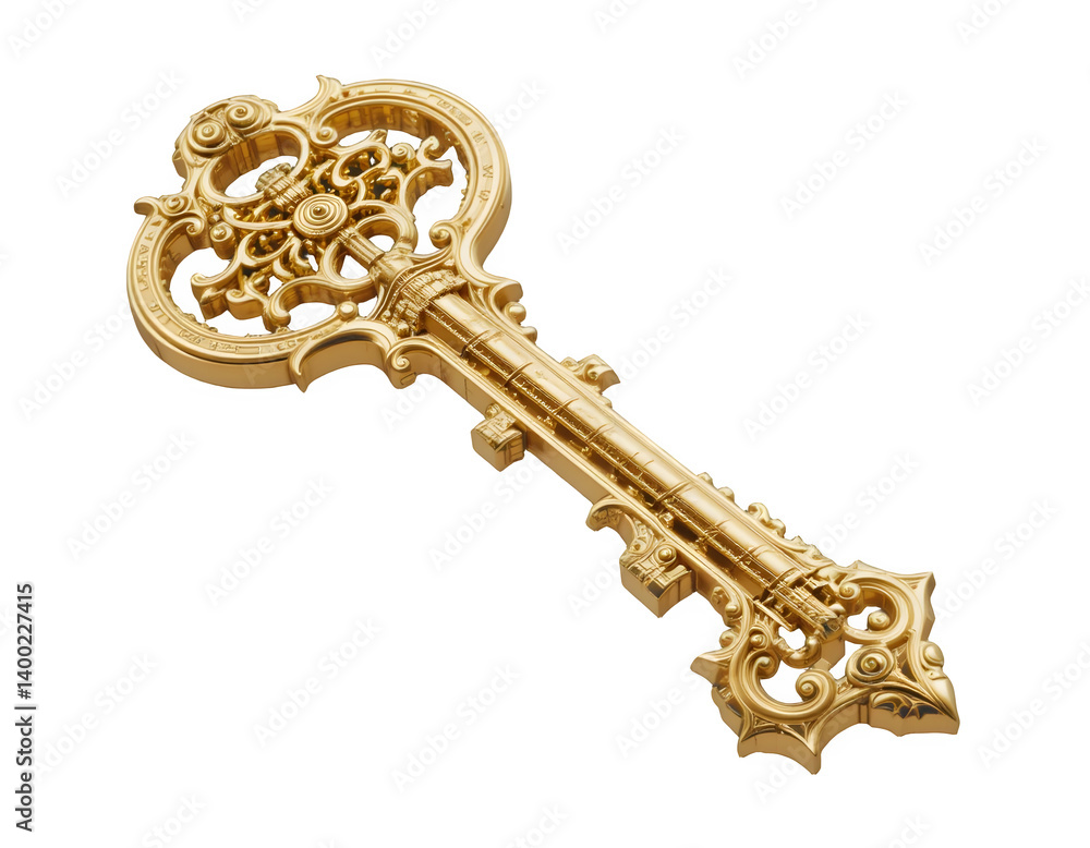 Intricately Designed 3D Golden Key Isolated on Transparent Background for Elegant Visuals