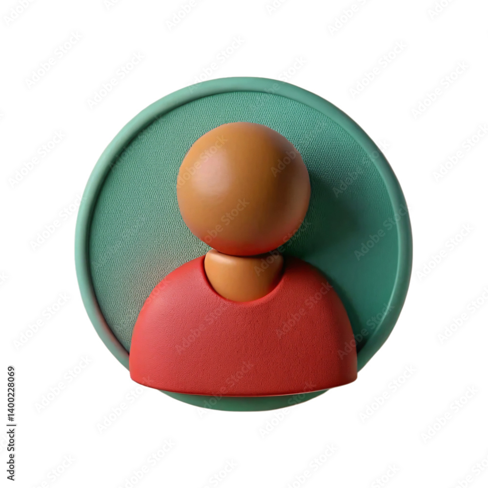 Spherical Head 3D Character Icon in Red Shirt on Green Circular Badge