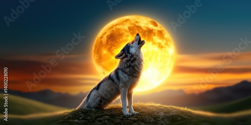 Wolf howling under full moon mountain landscape digital art nighttime dramatic atmosphere