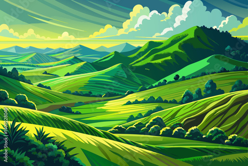 green hillside in midsummer under intense sunlight, The grass is a vivid emerald green, with bold shadows flowing along the contours of the terrain