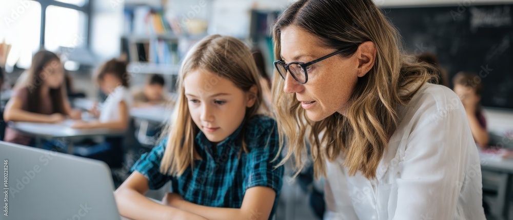 custom made wallpaper toronto digitalTeacher Assisting Student with Laptop in Modern Classroom Setting
