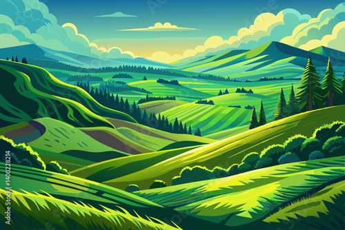 green hillside in midsummer under intense sunlight, The grass is a vivid emerald green, with bold shadows flowing along the contours of the terrain
