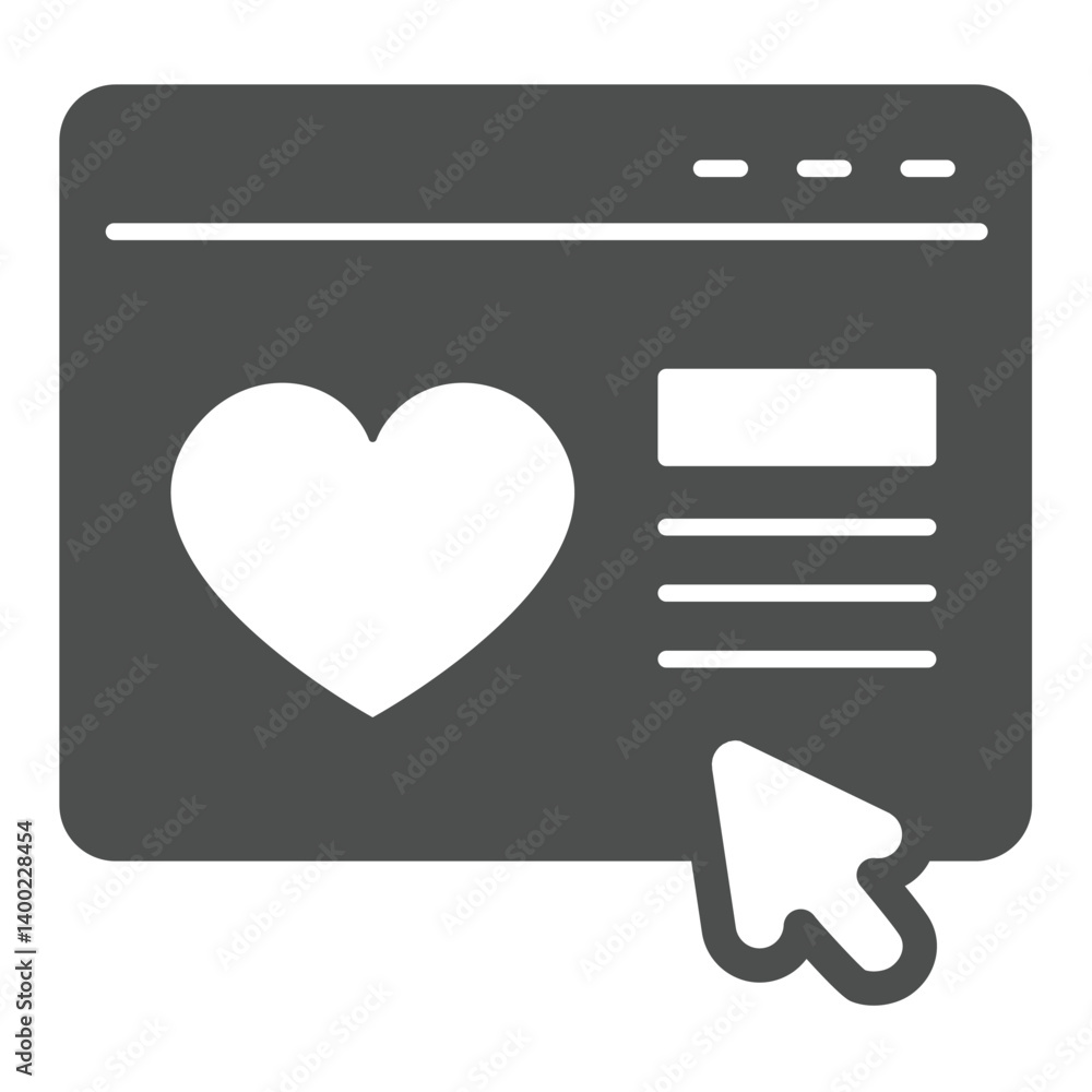 Website with heart and mouse pointer solid icon, charity concept. Vector graphics. Landing page for donation, browser sign on white background, glyph style icon for mobile or web design. Website with heart and mouse pointer solid icon, charity concept. Vector graphics. Landing page for donation, browser sign on white background, glyph style icon for mobile or web design.