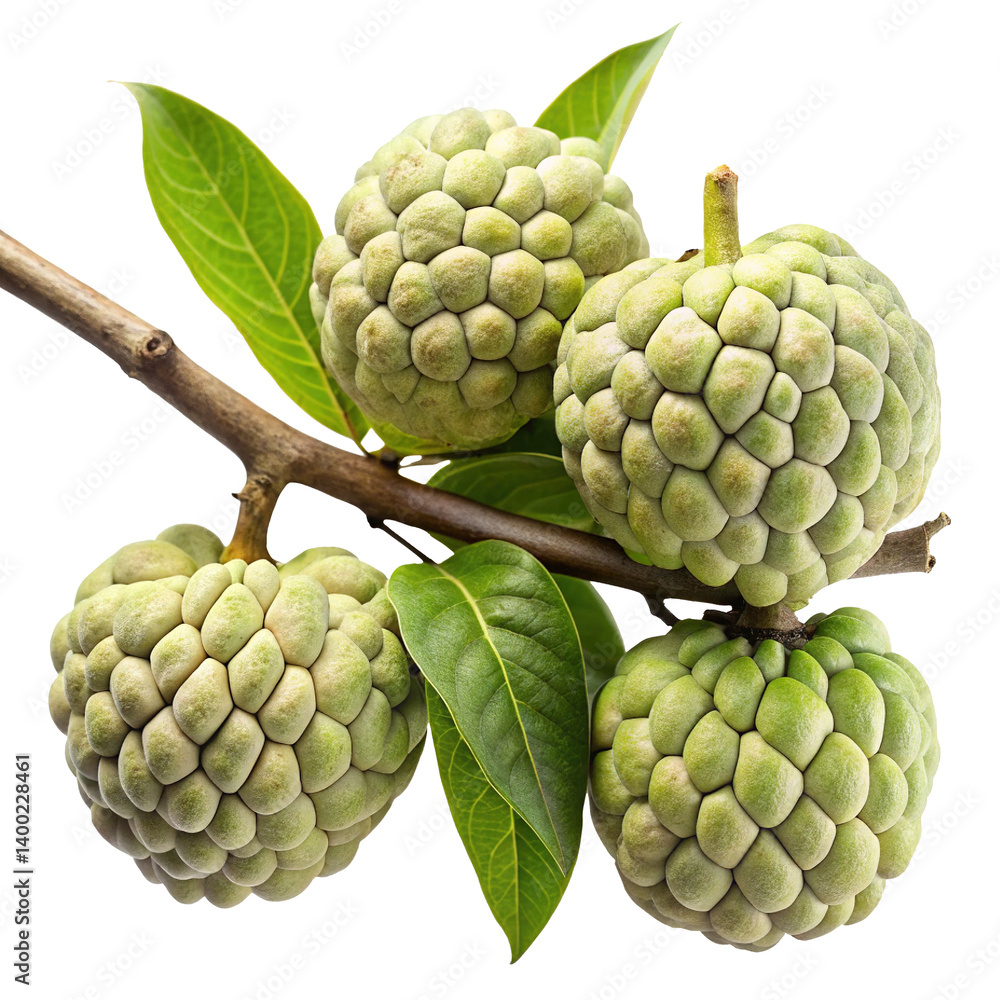 Fototapeta premium Fresh green custard apples on a branch with leaves isolated on Transparent Background