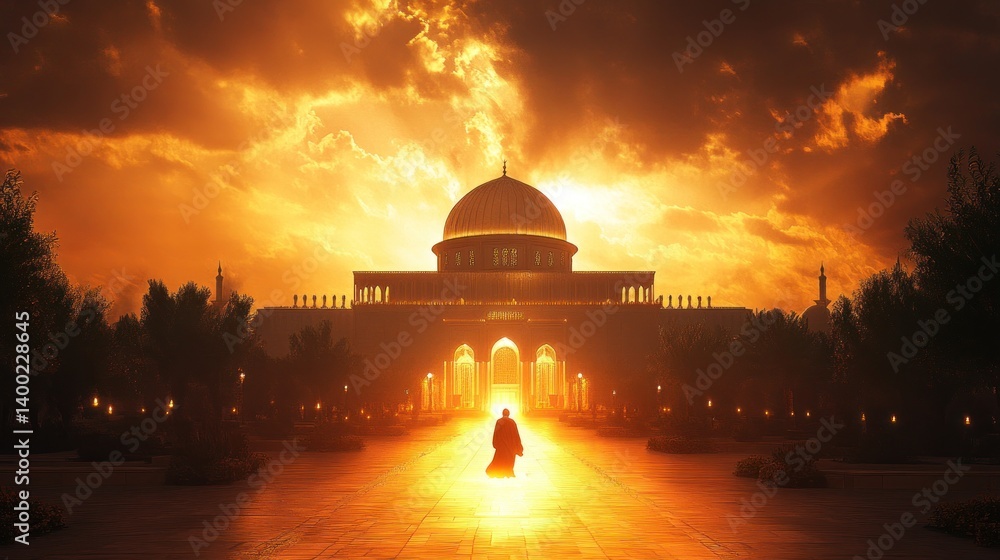 Obraz premium Silhouette pilgrim approaches Dome of Rock at golden sunrise