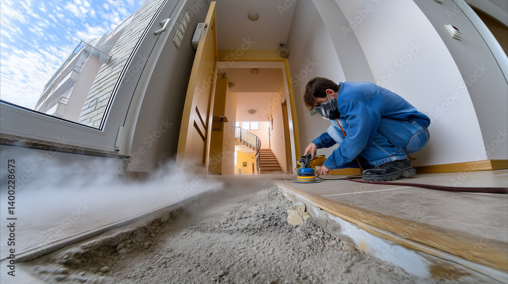 Fototapeta premium Worker Sanding Floor in Dusty Hallway