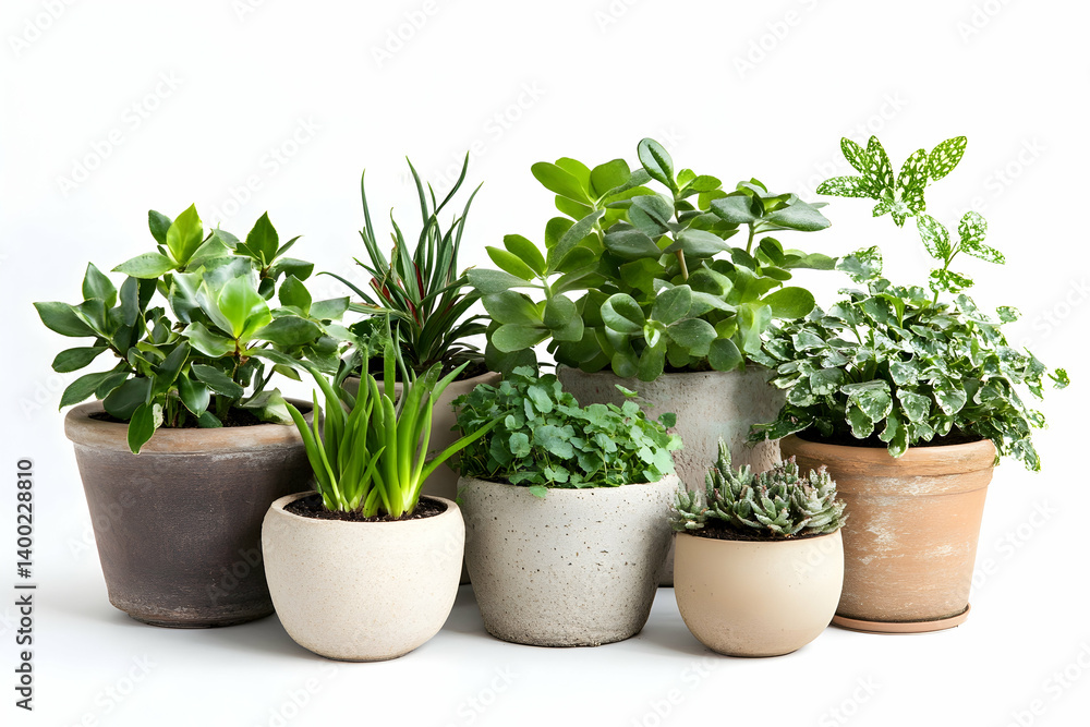 Assorted potted plants on a white background studio Assorted potted plants on a white background studio