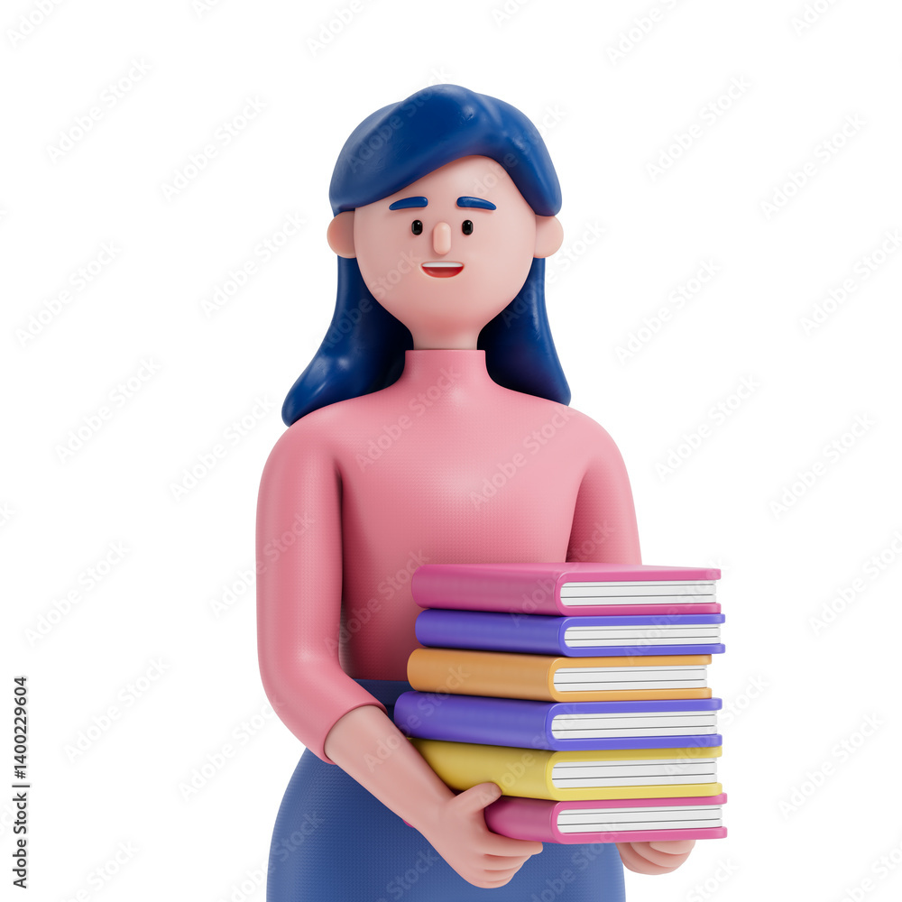 A woman holds a stack of colorful books, symbolizing knowledge and education. 3D rendering, conceptual image. Isolated on white background. A woman holds a stack of colorful books, symbolizing knowledge and education. 3D rendering, conceptual image. Isolated on white background.