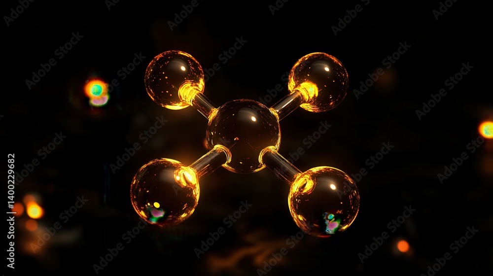 a realistic macro view of a methane molecule (CH4), with glowing tetrahedral structure, o