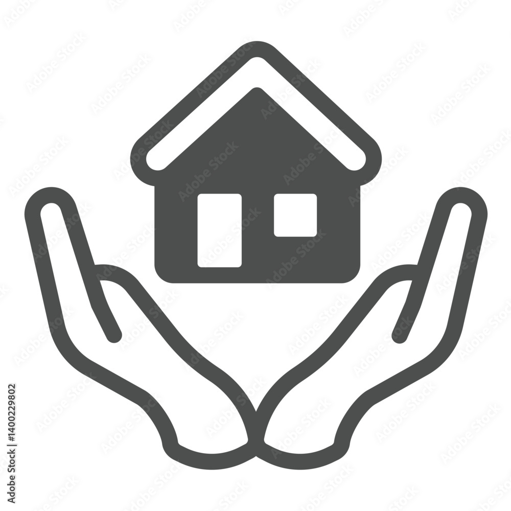 House in hands solid icon, real estate concept. Vector graphics. Hands with cottage building, housekeeping sign on white background, glyph style icon for mobile or web design. House in hands solid icon, real estate concept. Vector graphics. Hands with cottage building, housekeeping sign on white background, glyph style icon for mobile or web design.