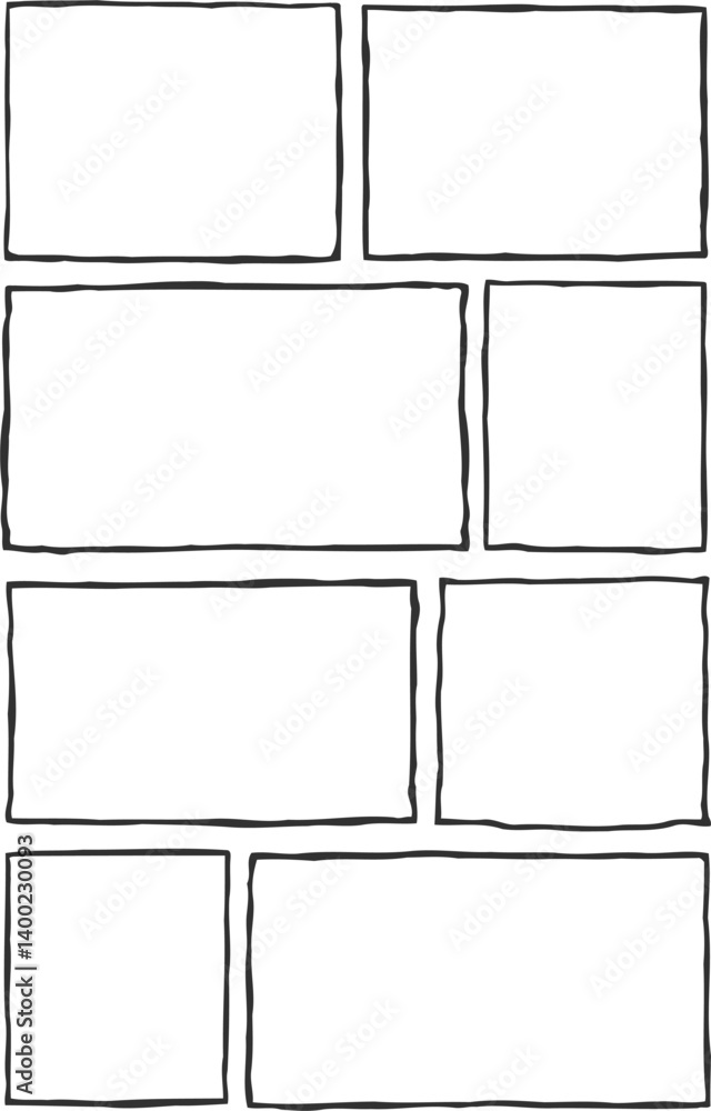 Hand-drawn comic panel grid featuring eight rectangular frames with irregular outlines. Simple black-and-white layout, clean template for sequential storytelling, organized yet organic arrangement.
Hand-drawn comic panel grid featuring eight rectangular frames with irregular outlines. Simple black-and-white layout, clean template for sequential storytelling, organized yet organic arrangement.