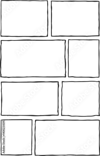 Hand-drawn comic panel grid featuring eight rectangular frames with irregular outlines. Simple black-and-white layout, clean template for sequential storytelling, organized yet organic arrangement.
