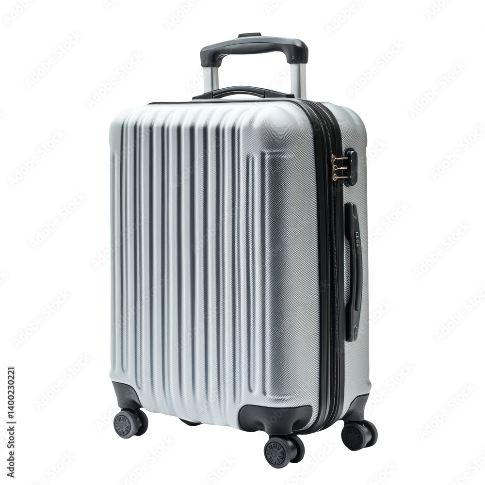 Silver travel suitcase with black handles and wheels isolated on white background travel accessories vacation tourism business trip luggage passenger bag journey adventure traveler concept Silver travel suitcase with black handles and wheels isolated on white background travel accessories vacation tourism business trip luggage passenger bag journey adventure traveler concept
