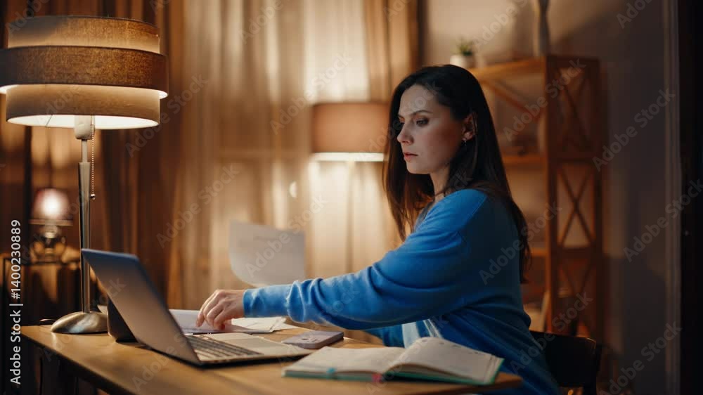 Stressed remote worker reading documents at dark home closeup. Worried woman Stressed remote worker reading documents at dark home closeup. Worried woman
