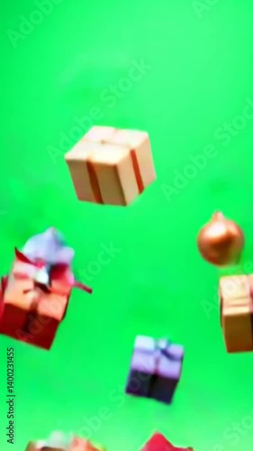 Gift boxes falling Christmas presents cascade from the top of the screen green screen background vertical video