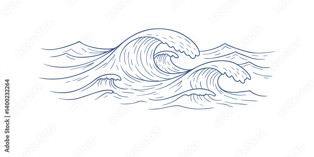 Fototapeta premium Ocean wave linear art on white background. Banner template for logo, holiday, travel, spa and relax style. Vector banner drawing minimalistic design of wave, sea foam and breeze with copy space