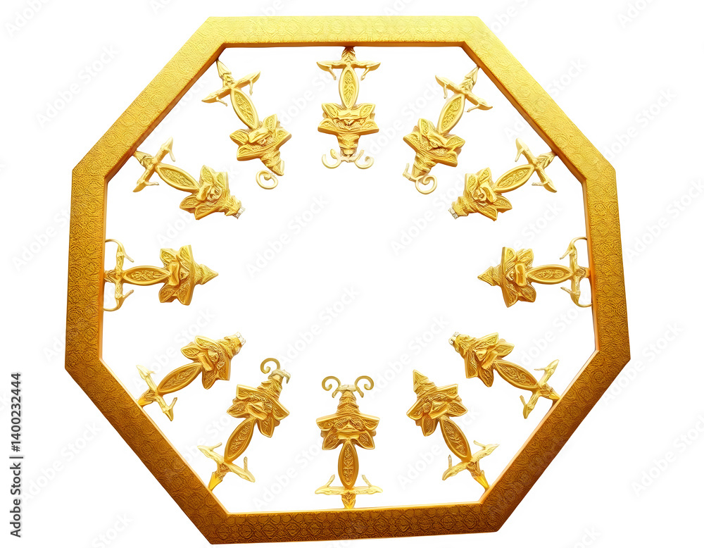 Intricate Golden Hexagon Frame with Ornamental Detailing on Transparent Background
