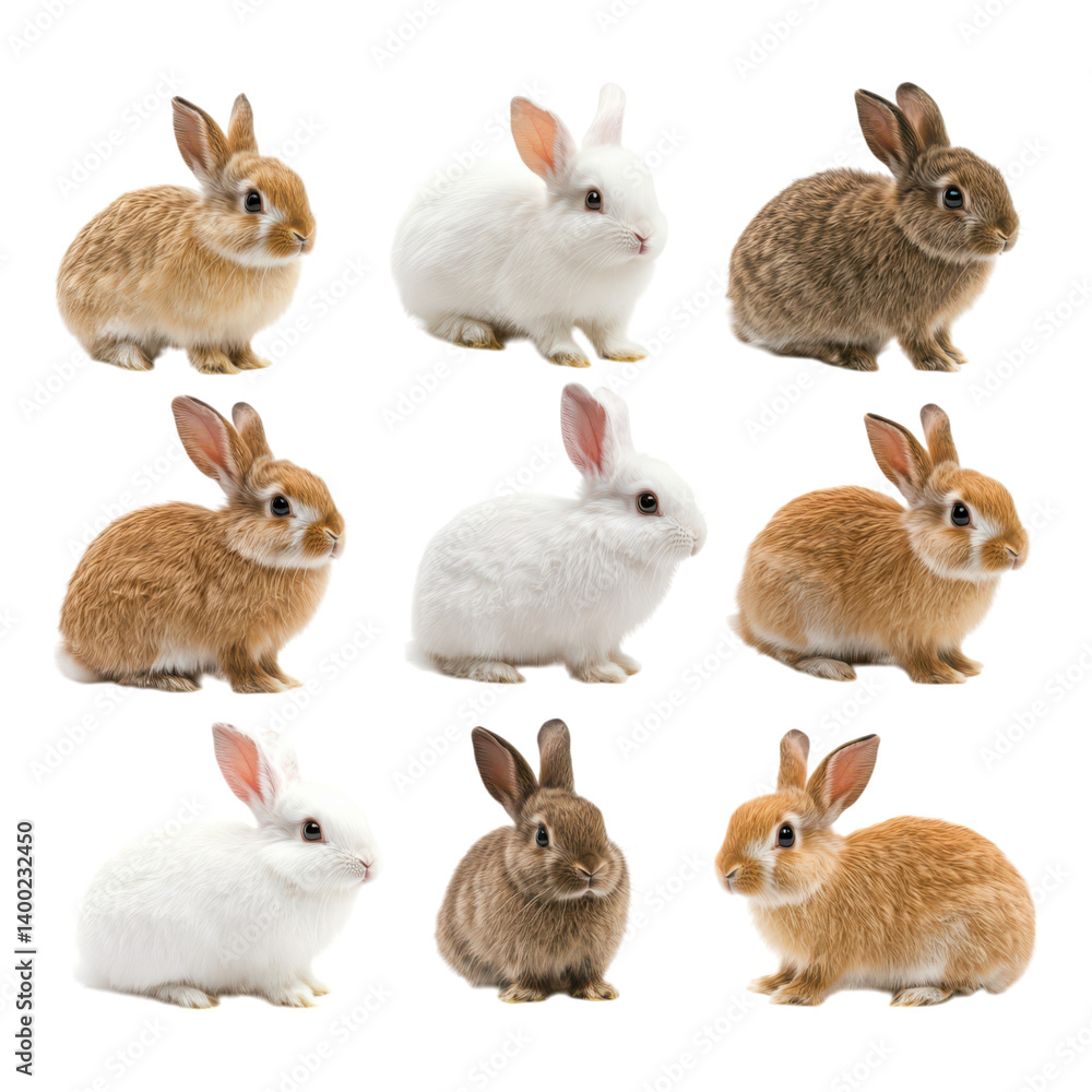 Fototapeta premium A collection of various rabbit breeds showcasing different colors and fur textures in a grid arrangement.