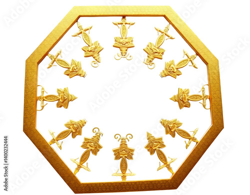 Obraz na płótnie Intricate Golden Hexagon Frame with Ornamental Detailing on Transparent Background w salonie