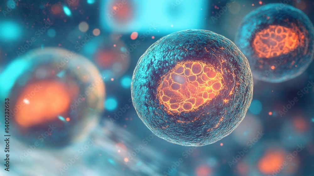 a realistic microscopic view of cells dividing, with glowing lysosomes and peroxisomes,