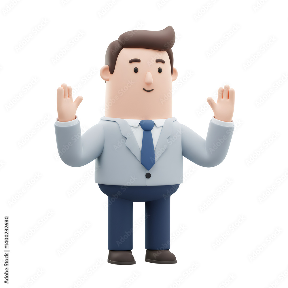 Smiling 3D Cartoon Businessman Gesturing with Raised Hands Smiling 3D Cartoon Businessman Gesturing with Raised Hands