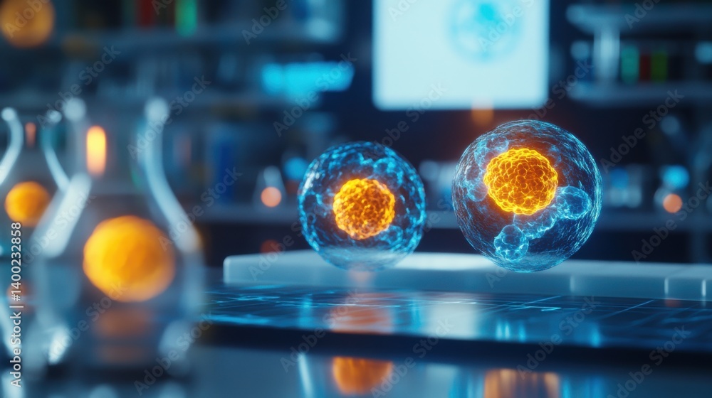a realistic microscopic view of cells dividing, with glowing lysosomes and peroxisomes,