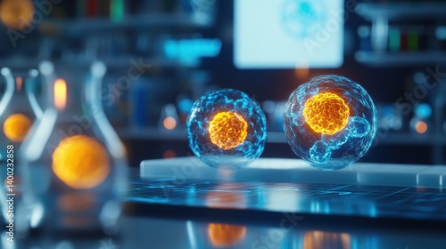Obraz na płótnie a realistic microscopic view of cells dividing, with glowing lysosomes and peroxisomes, w salonie