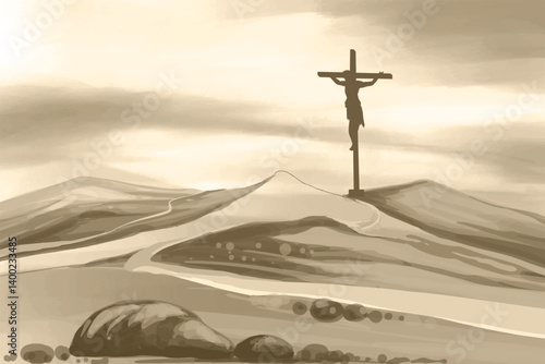 Jesus christ crucifixion rising depicted by cross on a hill at sunrise background