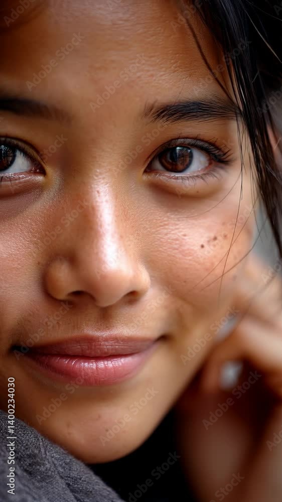 Natural close-up of smiling Southeast Asian adult woman with freckles touching her face. Concept of self-love, beauty in imperfection, and real confidence. Natural close-up of smiling Southeast Asian adult woman with freckles touching her face. Concept of self-love, beauty in imperfection, and real confidence.