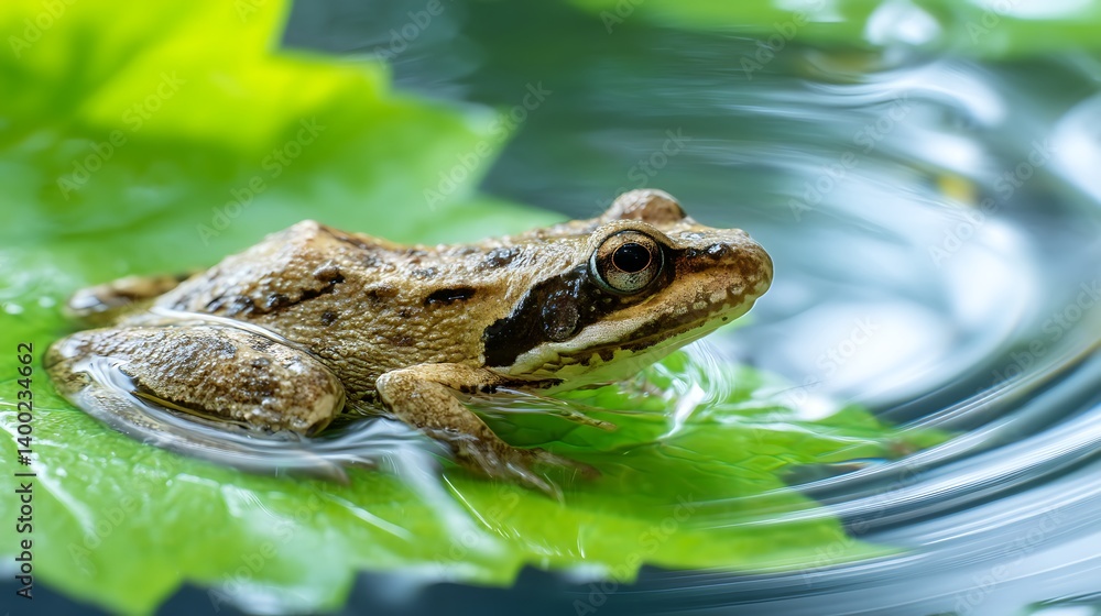 Obraz premium Frog Resting on Green Leaf in Water with Ripples