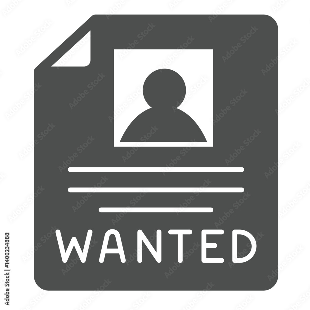 Poster with wanted person solid icon, law enforcement concept. Vector graphics. Bandit wanted poster, paperwork sign on white background, glyph style icon for mobile or web design. Poster with wanted person solid icon, law enforcement concept. Vector graphics. Bandit wanted poster, paperwork sign on white background, glyph style icon for mobile or web design.