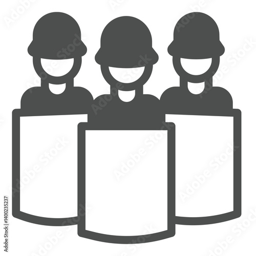 Patrol men with shields solid icon, law enforcement concept. Vector graphics. Team of defenders, people sign on white background, glyph style icon for mobile or web design.