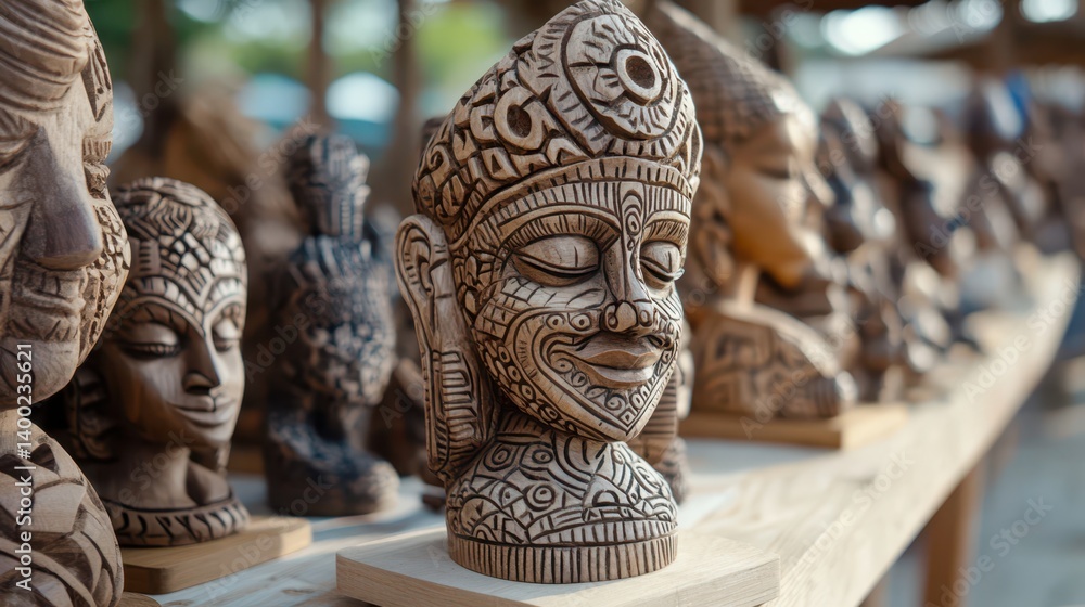 A shelf displays numerous intricately carved wooden statues showcasing artistic craftsmanship. A shelf displays numerous intricately carved wooden statues showcasing artistic craftsmanship.