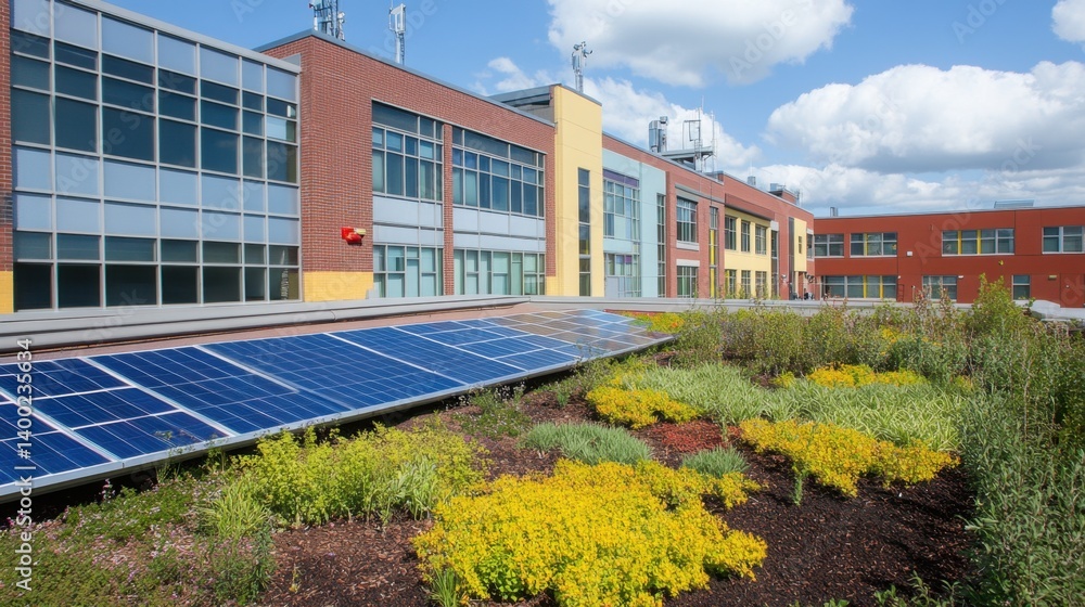 Rooftop garden on a modern school building, featuring solar panels and lush green plantings Rooftop garden on a modern school building, featuring solar panels and lush green plantings