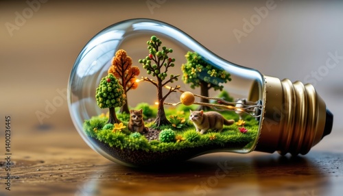 Fototapeta Naklejka Na Ścianę i Meble -  A richly detailed light bulb featuring a miniature forest scene, complete with tiny animals and foliage emerging from the filament base.