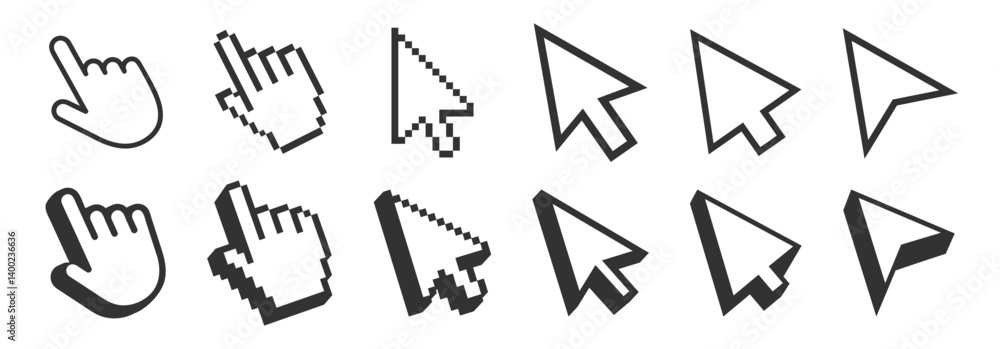 Computer mouse click cursor isolated on transparent. Cursors icons click set. Cursor set in hand, arrow and mouse forms, hand pointer.