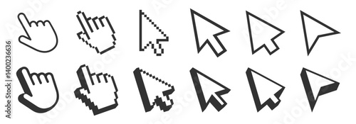 Computer mouse click cursor isolated on transparent. Cursors icons click set. Cursor set in hand, arrow and mouse forms, hand pointer.
