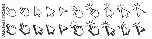 Computer mouse click cursor isolated on transparent. Cursors icons click set. Cursor set in hand, arrow and mouse forms, hand pointer.