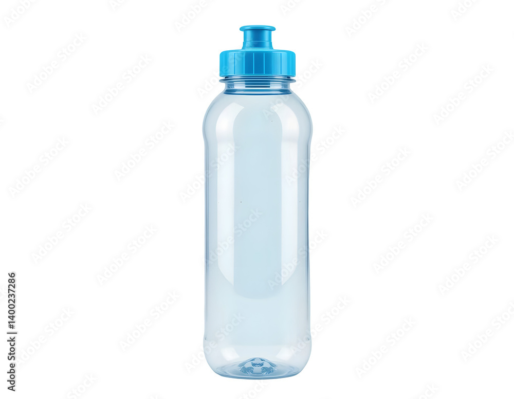 Eco-conscious clear plastic water bottle with blue cap, isolated on transparent background