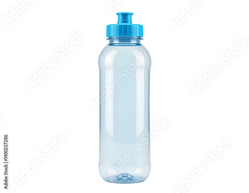 Eco-conscious clear plastic water bottle with blue cap, isolated on transparent background