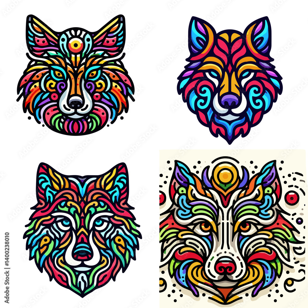 Fototapeta premium Colorful Wolf Illustrations in Vibrant Styles. A psychedelic representation of a wolfs face 