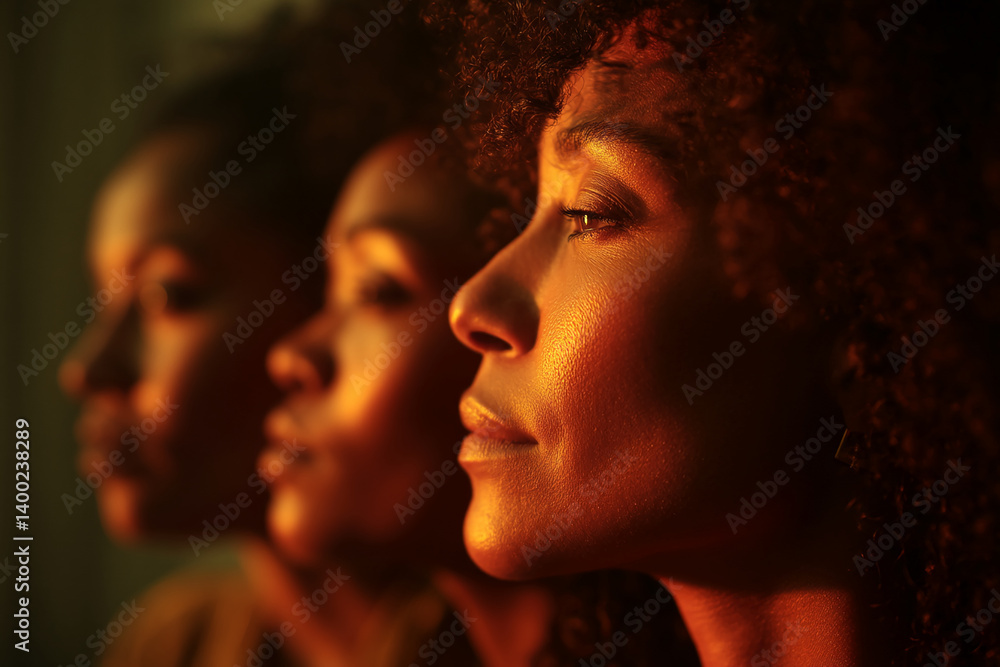 Close-up profile view of three women with dark skin, illuminated by warm light, showcasing solidarity and togetherness Close-up profile view of three women with dark skin, illuminated by warm light, showcasing solidarity and togetherness