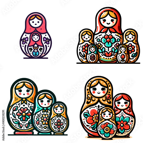 Colorful Russian Matryoshka Dolls in Various Sizes and Designs  