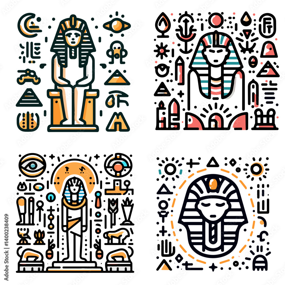 Fototapeta premium Egyptian-themed illustration with pyramids and hieroglyphs. Ancient Egyptian Symbols Pharaohs Reign Hieroglyph