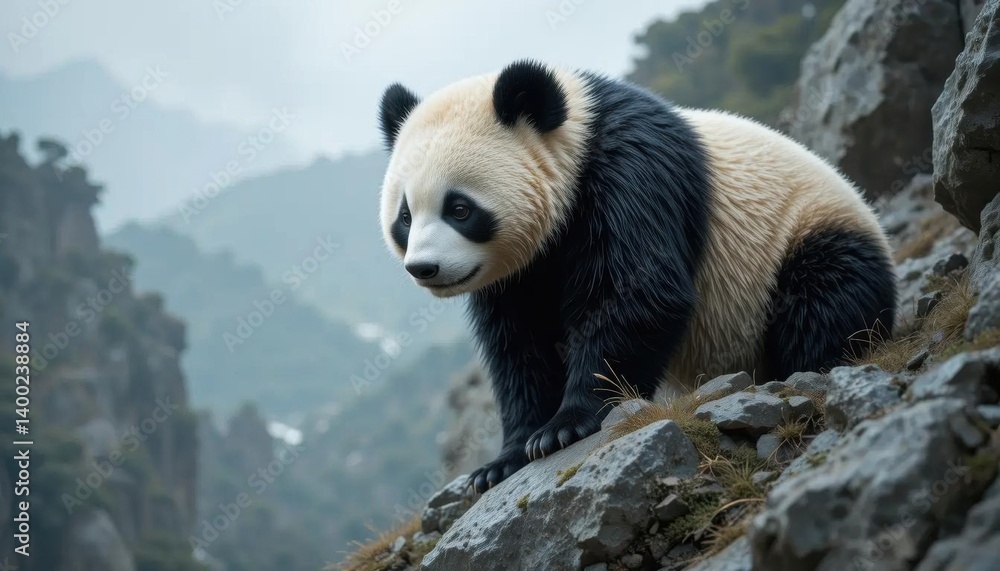 Obraz premium Majestic Giant Panda Perched on Misty Mountain Ridge