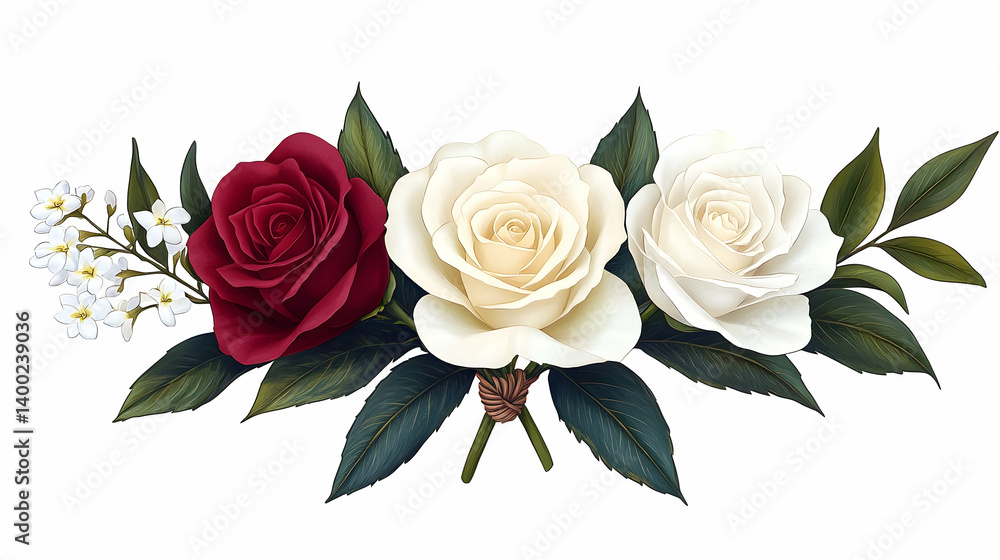 Fototapeta premium Elegant floral arrangement with a red rose two white roses lush green leaves and small white flower accents