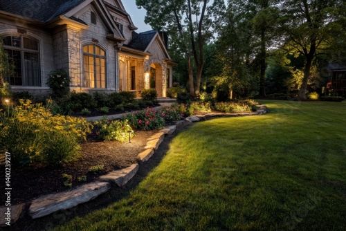 Illuminated House Exterior with Stone Pathway and Beautiful Landscaping at Dusk