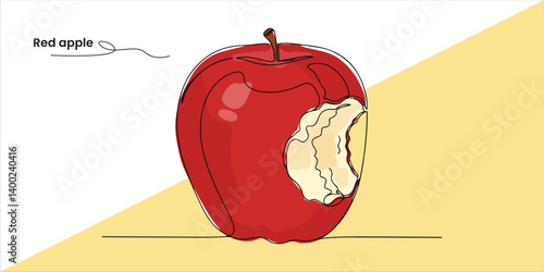 A vibrant red apple with bite marks encircling its surface, showcasing a playful and appetizing scene. continuous single line art drawing sketch on white background

