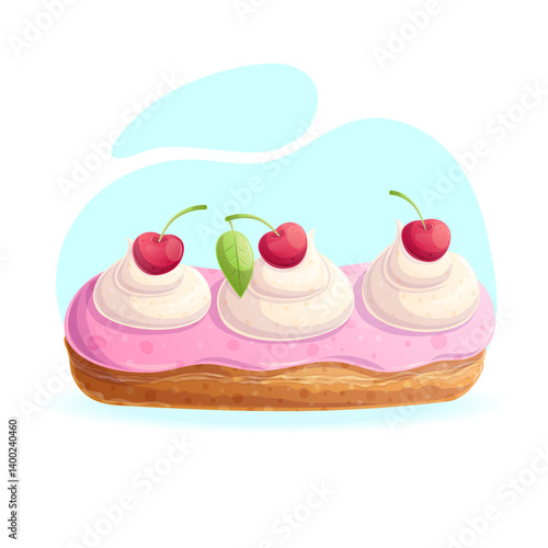 Delicious eclair with custard and cherries on a blue background close-up. The concept of confectionery, baking, cooking. Isolated vector illustration for menu design, posters, banners, covers