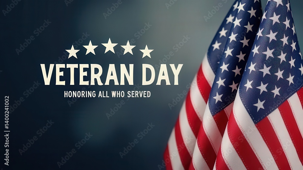 Veteran day message with american flags and text honoring all who served on dark background Veteran day message with american flags and text honoring all who served on dark background